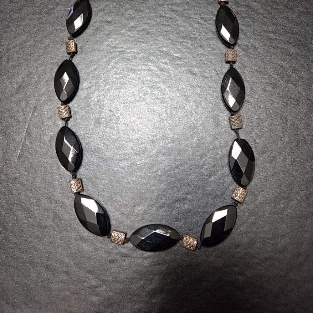 Faceted black stone necklace 20" handmade artisan